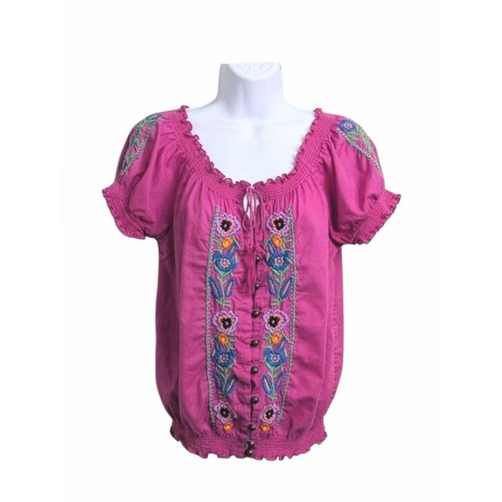 Boston Proper Cotton Peasant Top Blouse Size 4 Pink Floral Embroidered Smocked